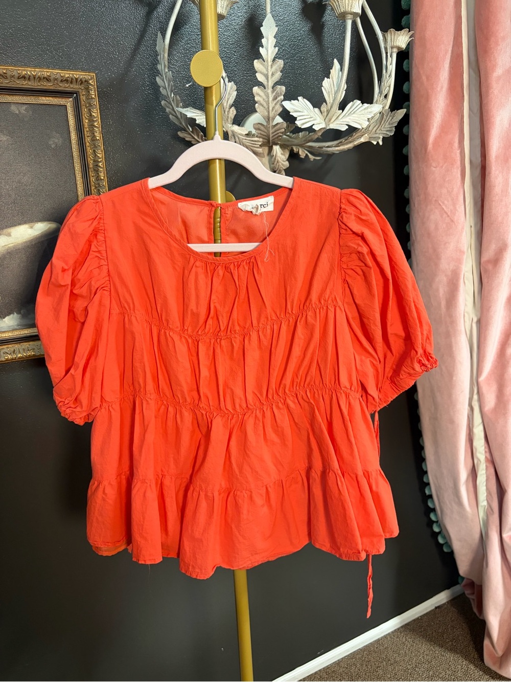 & Merci Coral Puff-Sleeve Tiered Peplum Top